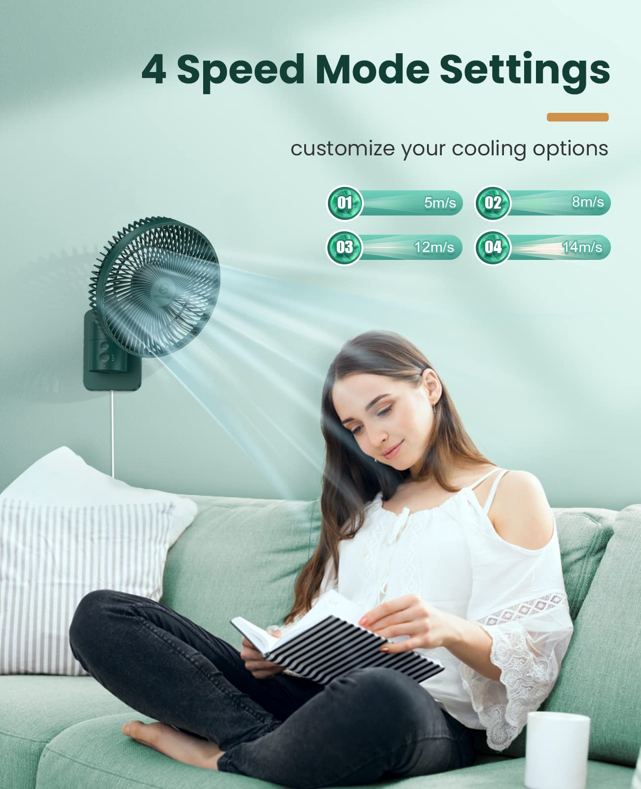 Lemoistar 8 Inch Small Wall Mounted Fan With Remote Control, 90 Oscillating, 4 Speeds High Velocity, Timer, Adjustable Tilt, 70