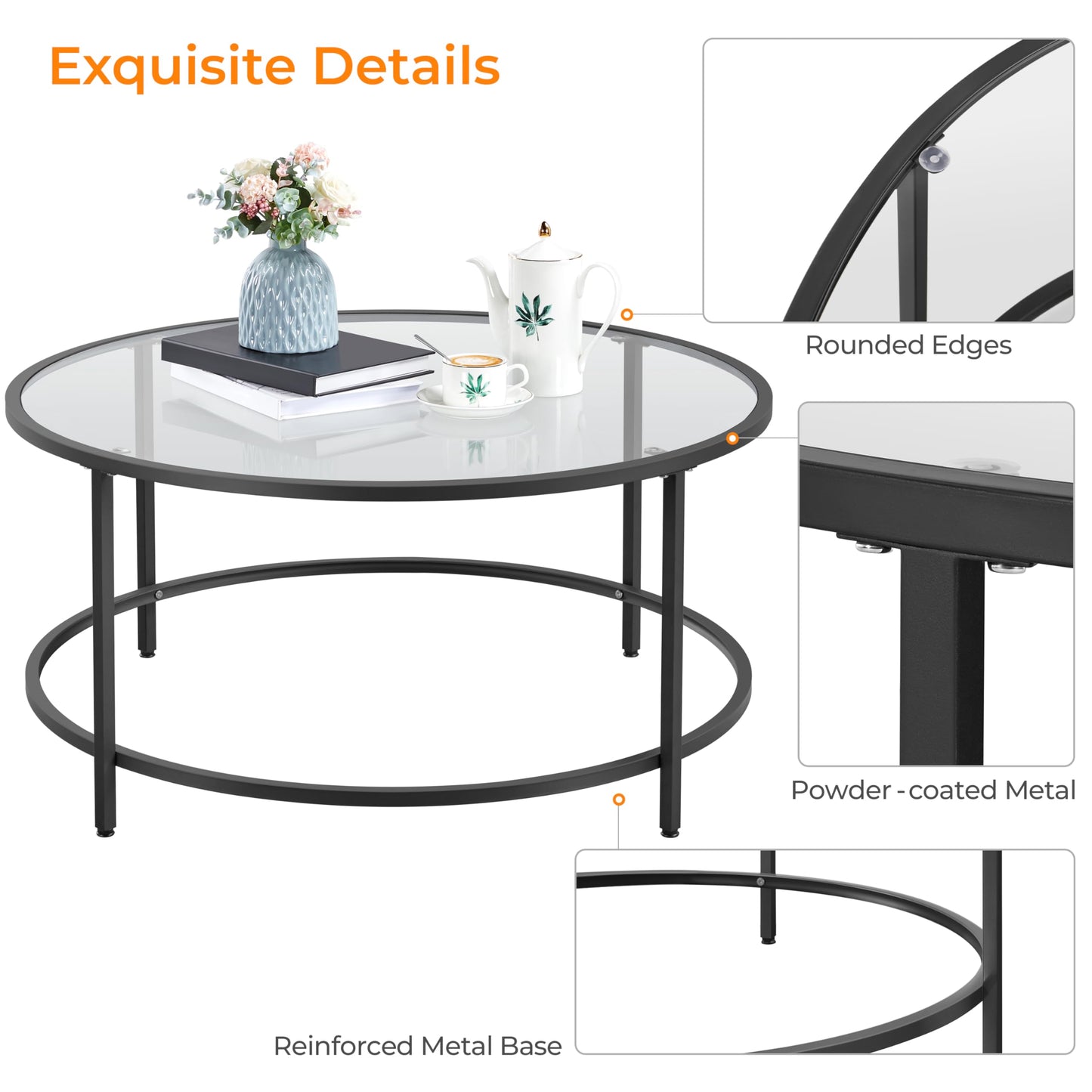 Yaheetech 36" Round Glass Coffee Table, Black Circle Coffee Table Center Table with Glass Top, Small Coffee Table for Living Room, Office & Apartment