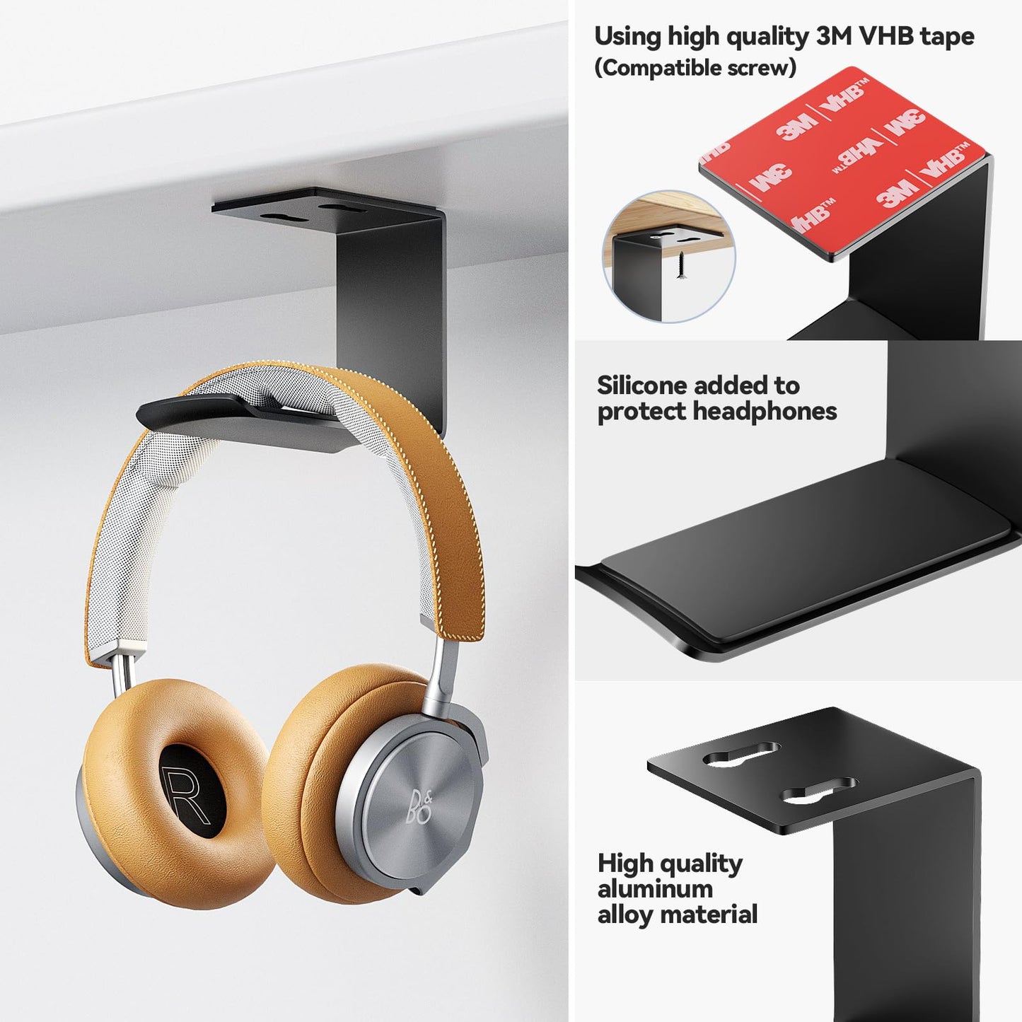 Yocice Headphone Stand Hanger,Headset Holder Mount,Hook with Strong Adhesive Tape for Headphones (H02-Black-1PCS)