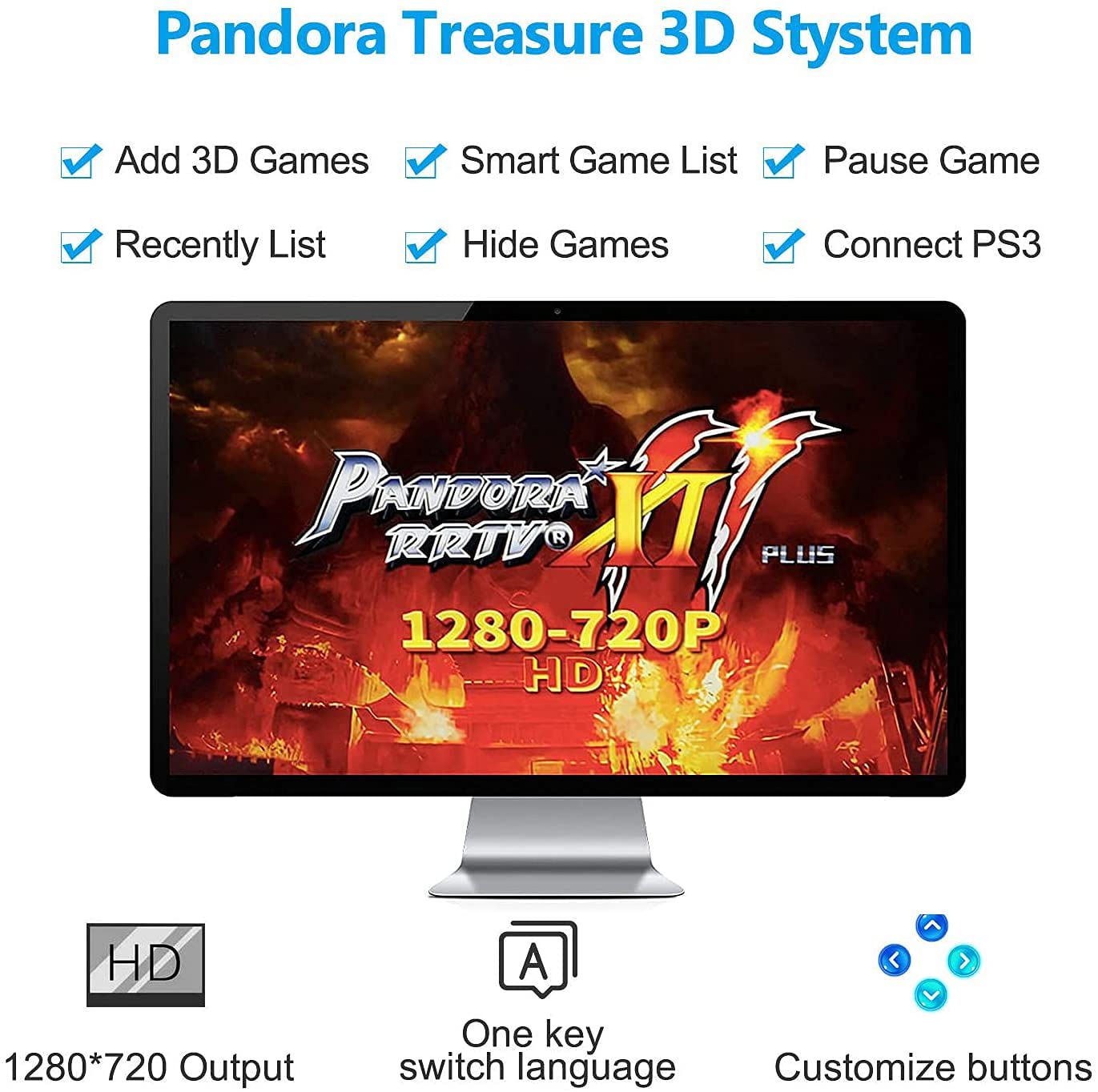 30000 Games in 1 Arcade Game Console ,Pandora Treasure 3D Double Stick,30000 Classic Arcade Games,Search Game, Support 3D,Favorite List, 4 Players Online,1280X720 Full HD Video