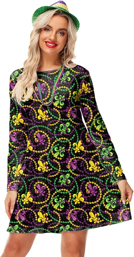 Deerose Women Vanlentine Dress Long Sleeve Mardi Gras Holiday Printed A Line Dresses with Pockets