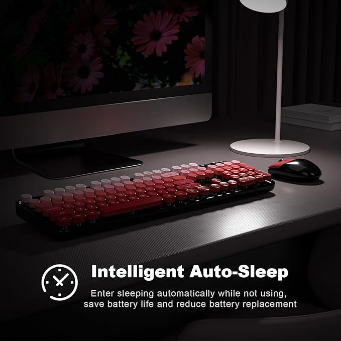 MOFII Wireless Keyboard and Mouse Combo, 2.4GHz Retro Typewriter Keyboard Full Size, Cute Wireless Mice, USB Dongle Plug and Play, for Laptop, PC, Desktop, Windows (Black Red Gradient Color)
