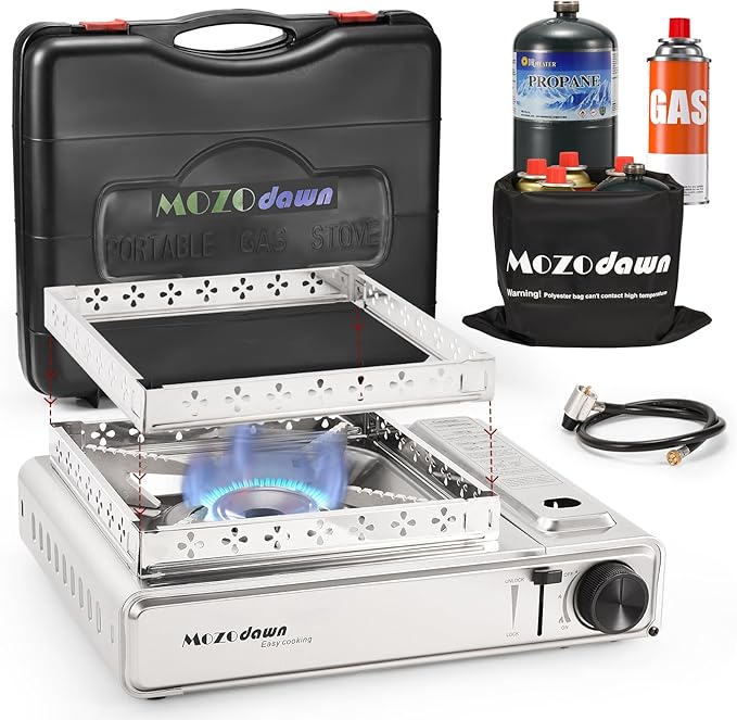MOZODAWN Dual Fuel Camp Stove with Butane and Propane Compatibility, 10500 BTU Portable Camping Stove with Carrying Case, ...