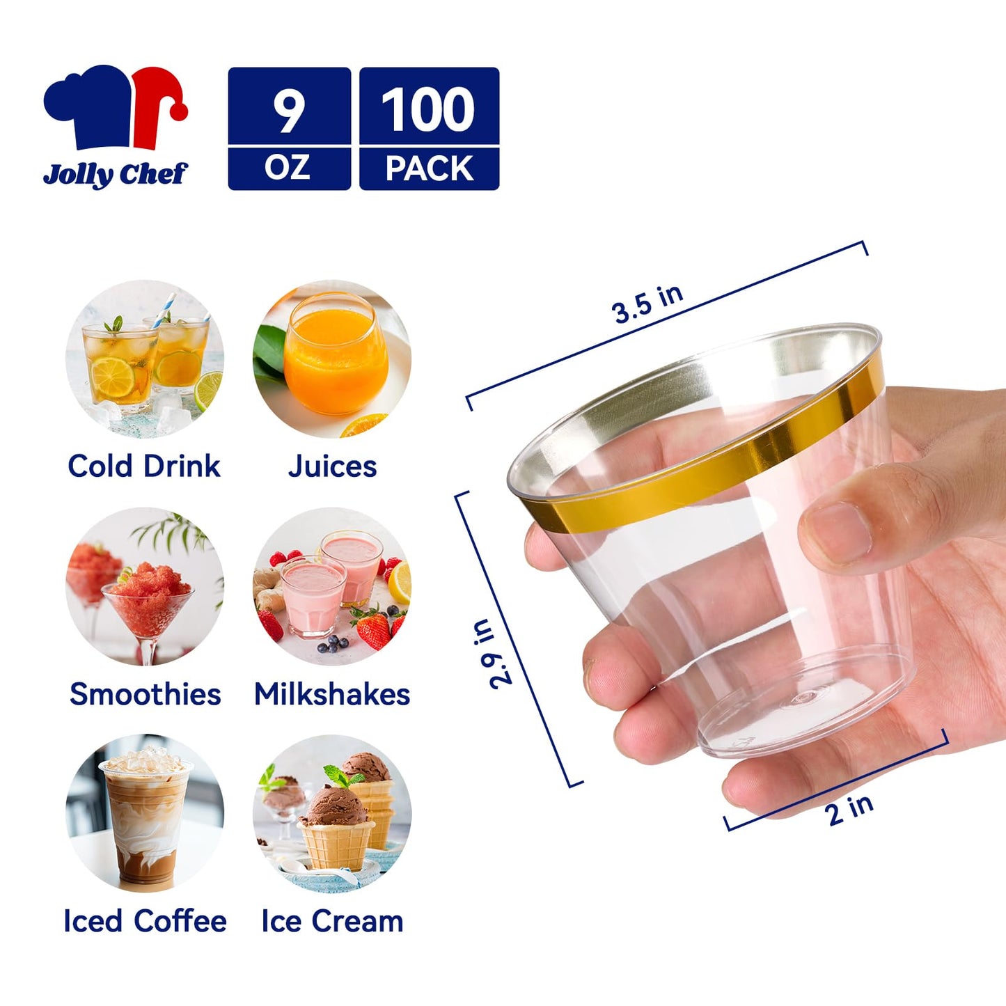 JOLLY CHEF 100 Pack Gold Plastic Cups, 9 oz Clear Plastic Tumblers, Elegant Gold Rimmed Cups, Disposable Glasses Perfect for Wedding, Thanksgiving Day, Christmas Party