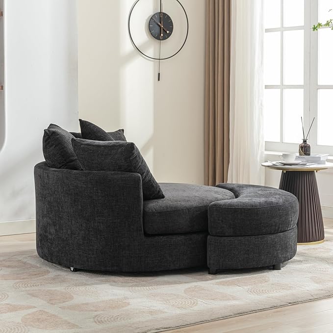 Yoglad Oversized Round Swivel Accent Chair - Modern 360 Degree Barrel Chairs with Storage Ottoman, for Living Room, Bedroom(Chenille- Gray)
