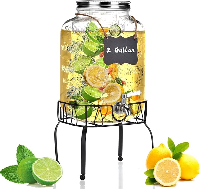 2 Gallon Glass Drink Dispenser with Stand, Drink Dispensers for Parties, Beverage Dispenser with Leakproof Stainless Steel...