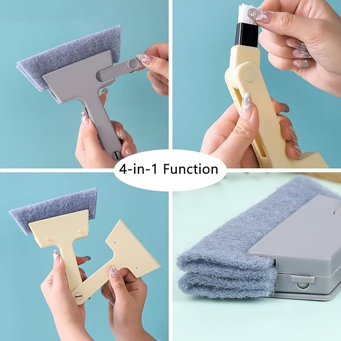 Window Track Cleaner Tool, 3Pcs 4-in-1 Groove Cleaning Brush (with Bristle Brush, Gap Dustpan, Scraper) + 4pcs Replacement Cloth, Washable Cleaning Gadgets for Sliding Door, Sill, Car Vents