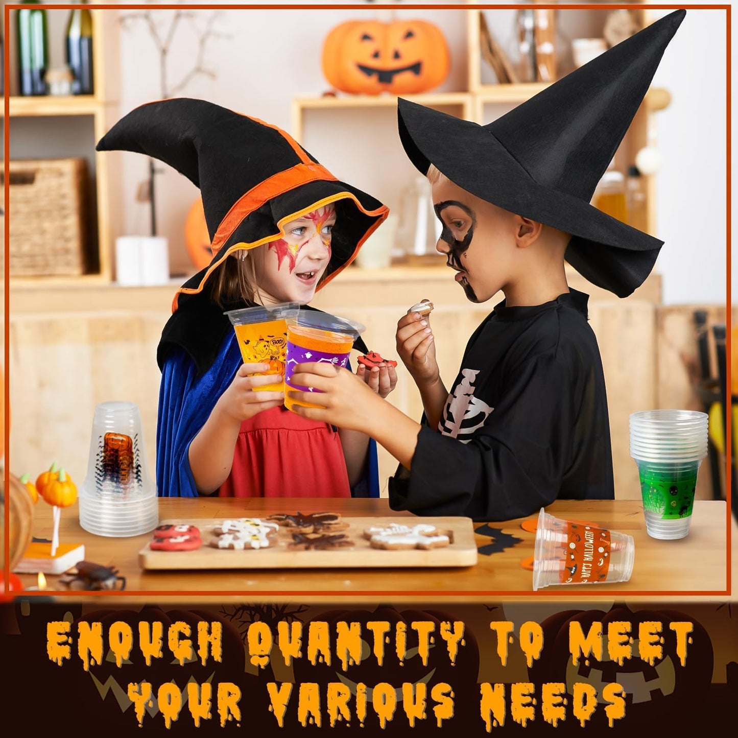 GuassLee 50 Pack Disposable Halloween Cups - Clear 12Oz Disposable Plastic Cups Set with 5 Styles Patterns for Kids Adults Halloween Party Favors Coffee Wine Hot Cold Drinks