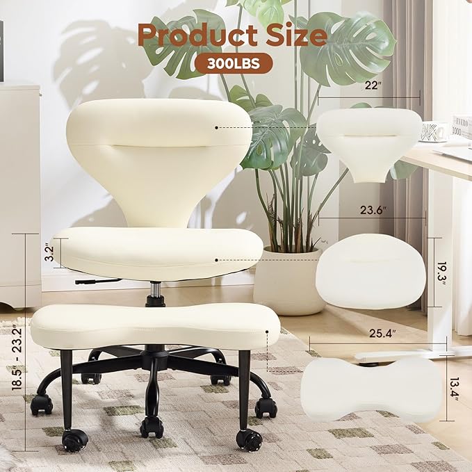 YFO Ergonomic Cross Legged Office Chair and ADHD Meditation Chair with Silent Wheels for Home Office Desk Chair and Yoga, Wider Backrest Support and Storage Pockets Design, PU Leather, Cream