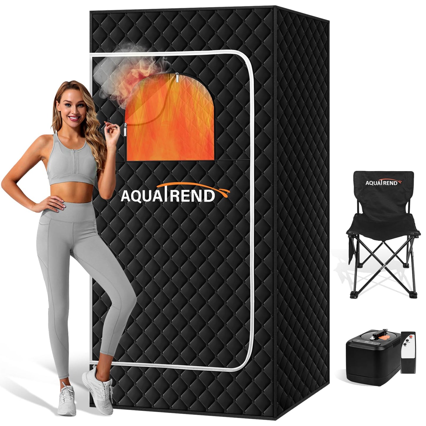Aquatrend Portable Sauna Box for Home, Personal Steam Sauna Box with 1200W 3L Steamer, 3' x 3' x 5.9', Remote Control, Folding Chair, Full Size Sauna Tent for Fitness Gym Yoga Spa, Fast Heater, White