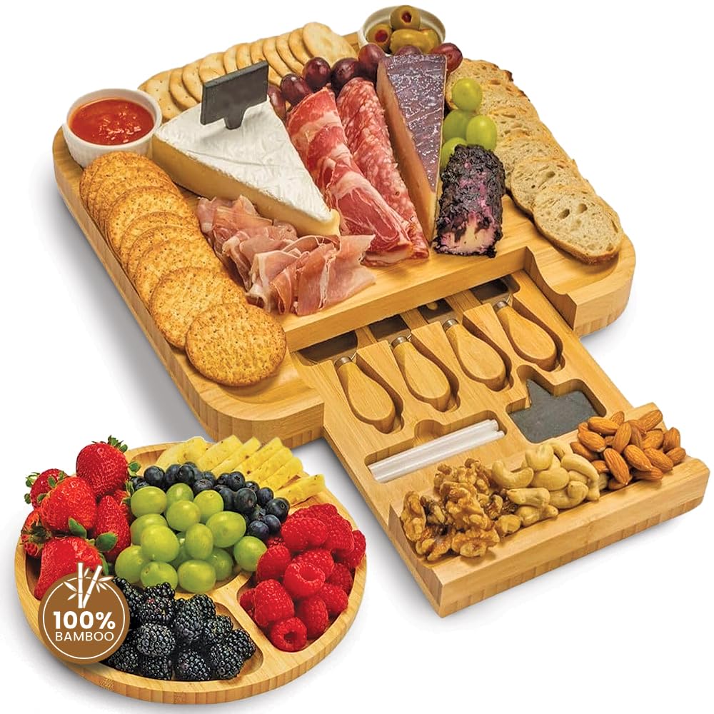 Leaf and Grain Charcuterie Board Set - Premium Bamboo Cheese Board – Perfect Charcuterie Boards Accessories for Bridal Shower Gifts, Wedding Gifts & Housewarming – Elegant Cheese Platter (Natural)