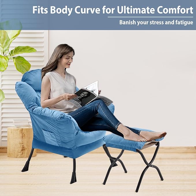 Youtanic Lazy Chair with Folding Ottoman, Accent Chair Velvet Upholstered with Metal Structure and Non-Slip Pads, Sofa Armchair with Footrest and Side Storage Bag for Dorm, Room, Office, Light Blue
