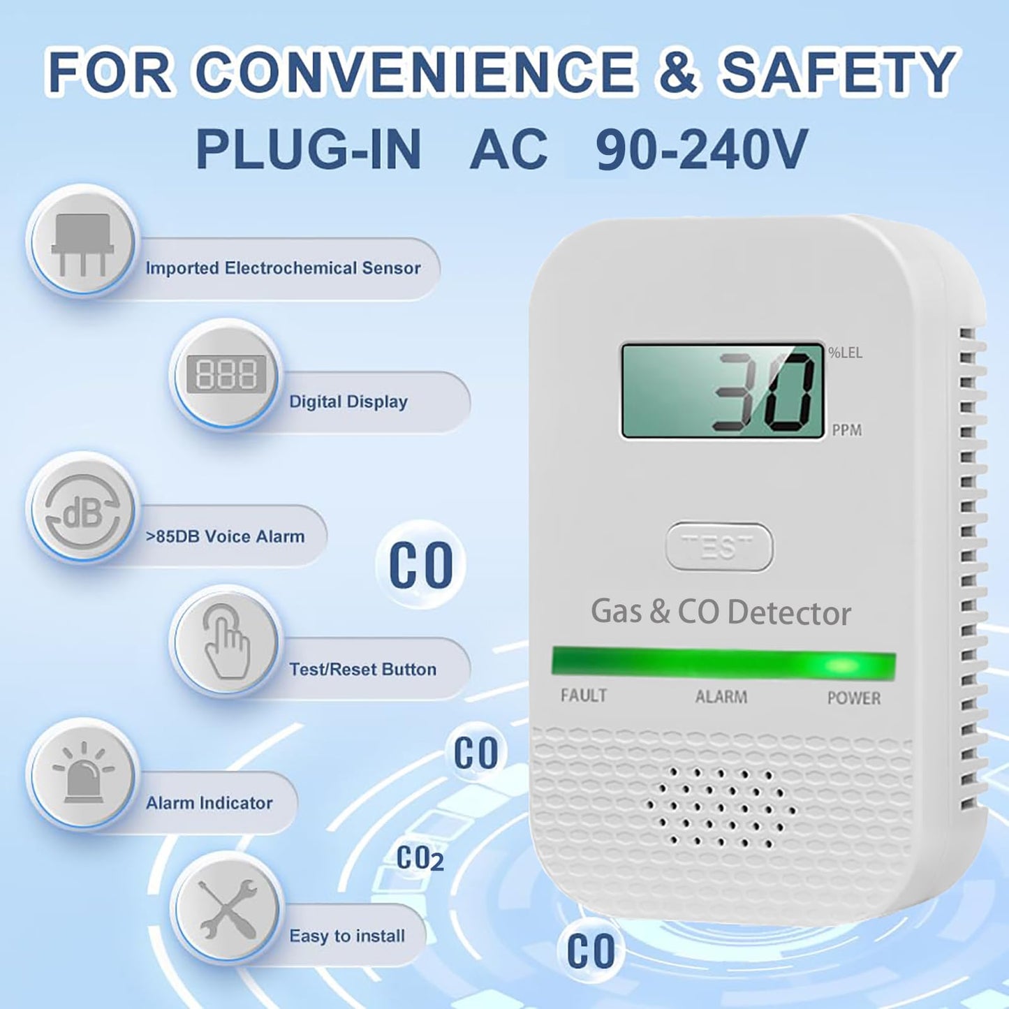 Carbon Monoxide Detectors Plug in Wall,CO Gas Monitor Alarm Detector,Portable Carbon Monoxide Alarm with Digital Display Sound & Light Warning for Home/Travel with 1-Pc Led Light Blocking Stickers