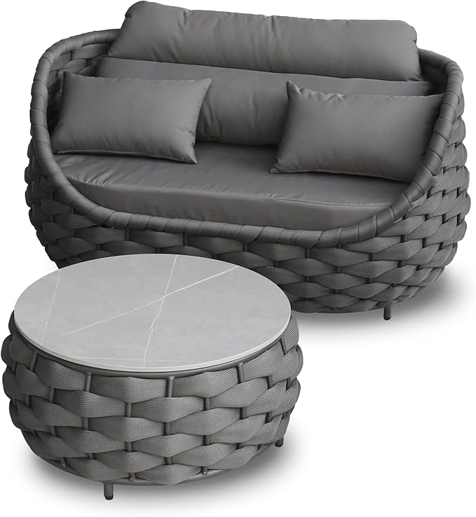 Erotr Patio Loveseat with Table: Aluminum Hand Woven Rope 2 Piece Patio Furniture Set - Cushioned Outdoor Seating Set - Modern Metal Lounge Set Assembled for Porch Balcony Deck Garden Hotel, Dark Grey