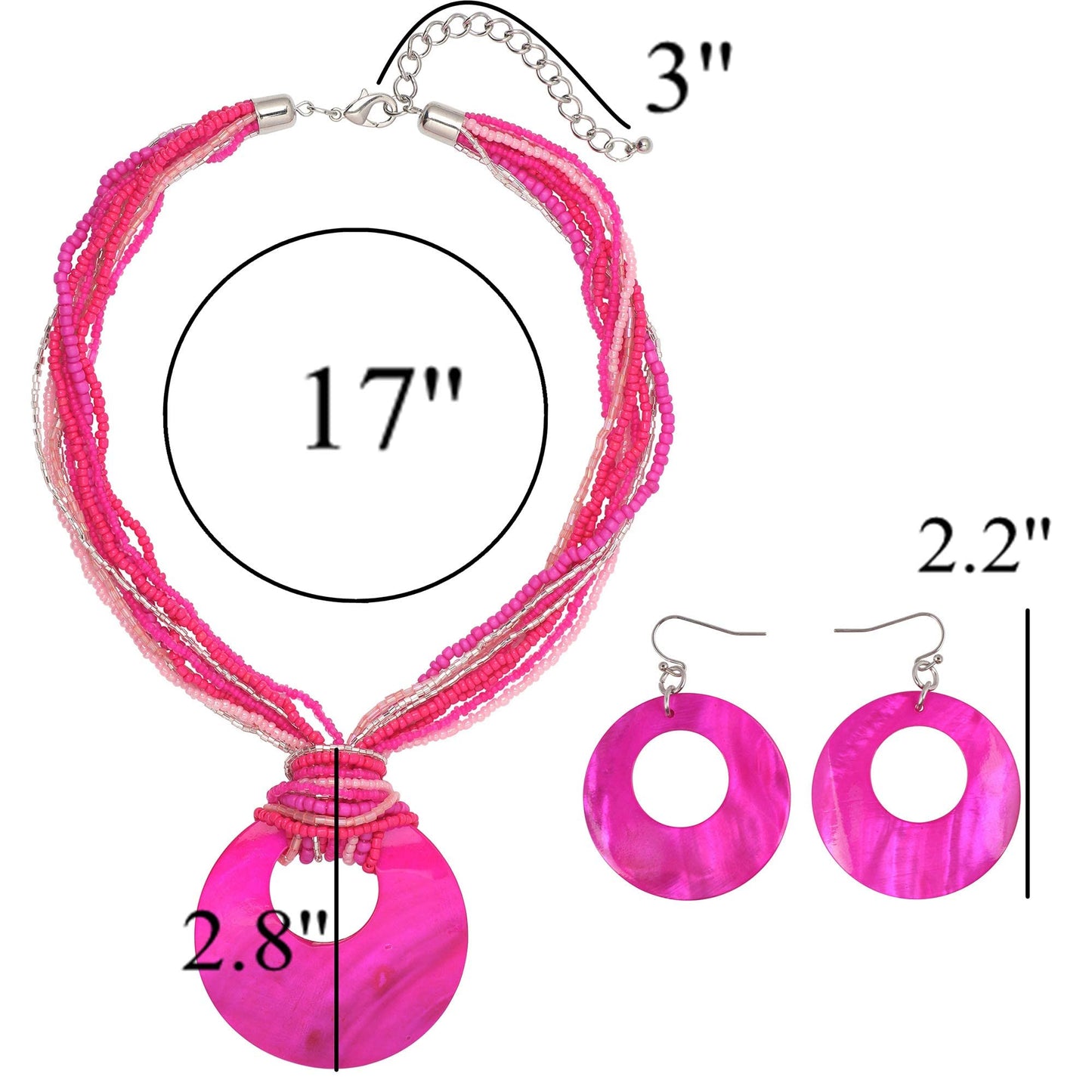 Coiris Multi Strand Statement Colorful Beaded Necklace Earrings Set with Big Circle Shell Pendant for Women (N0055-Rose)