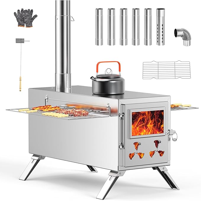 Upgraded Wood Stove, Hot Tent Stove Camping Portable Stainless Steel Wood Burning Stove with 7 Chimney Pipes for Wall Tent...