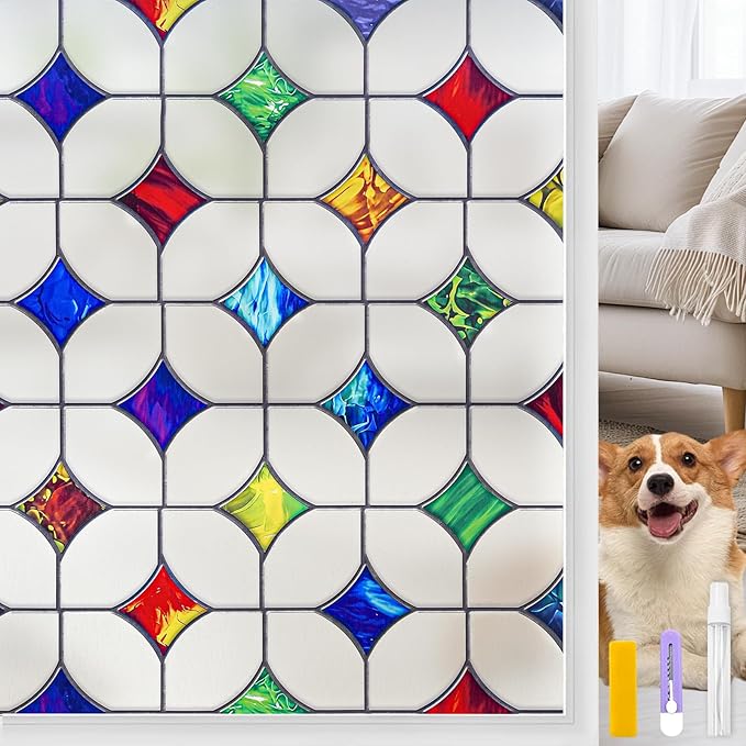 Stained Glass Window Film - Non-Adhesive Colorful Privacy Film | Privacy Protection, Reusable & Renter Friendly | Perfect for Bedroom/Bathroom Room Decor (Frosted Mosaic, 17.5 X 78.7 in)