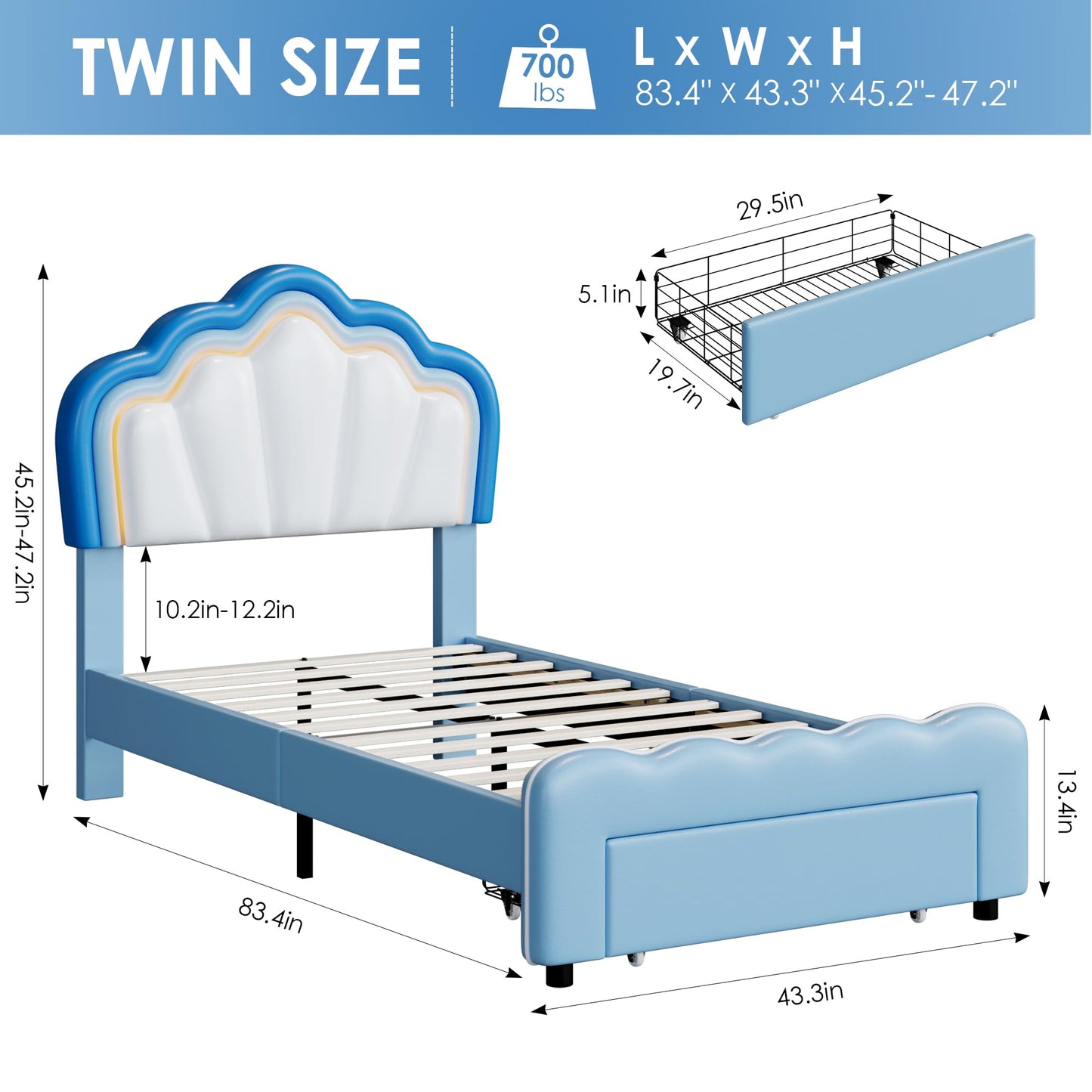 HOSTACK Twin Upholstered LED Bed Frame with Storage Drawers, Cute Boys Bed with Adjustable Lotus Headboard, Faux Leather Platform Bed Frame, Wooden Slats Support, No Box Spring Needed, Blue/White
