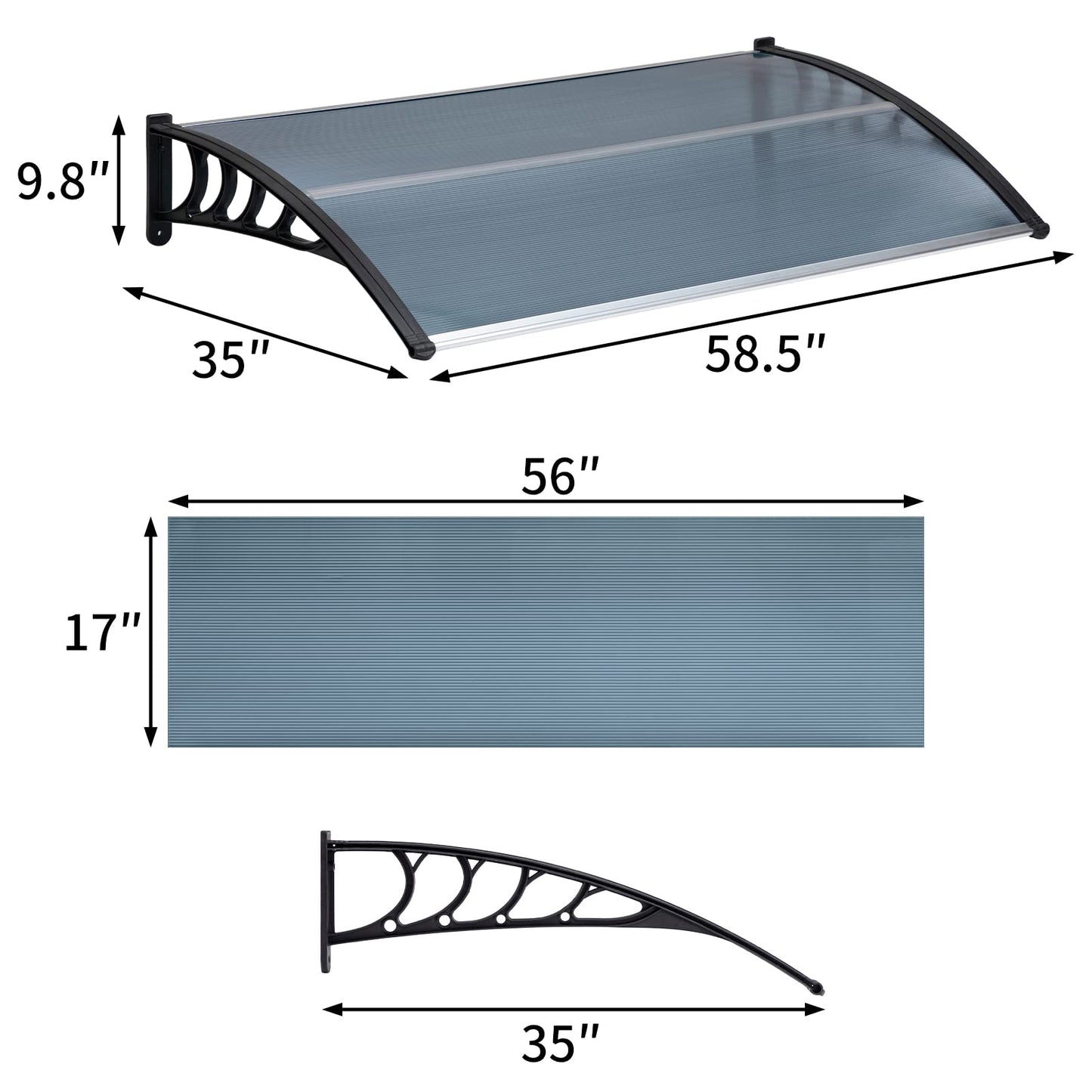 MATICO 58.5" Outdoor Clear Door Awning Patio Window Cover Polycarbonate Rain & Snow Protection, Modern Hollow Sheet with UV Protection Cover, Window Door Awning Canopy,Smoke Gray/Black-Edge