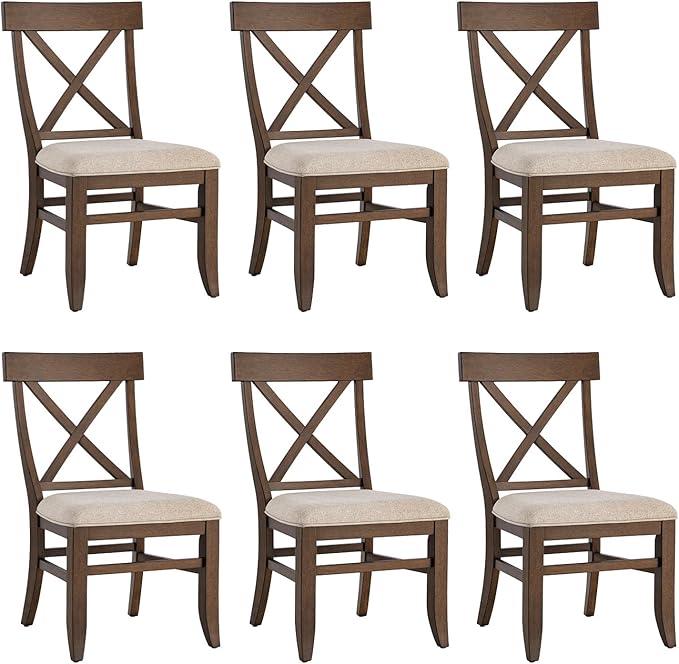 HULALA HOME Solid Wood Dining Chairs Set of 6, Walnut Farmhouse Upholstered Kitchen Dining Room Chair Mid-Century Modern Dinner Chair with Cross Back Wooden Legs for Living Room, Restaurat, Cafe