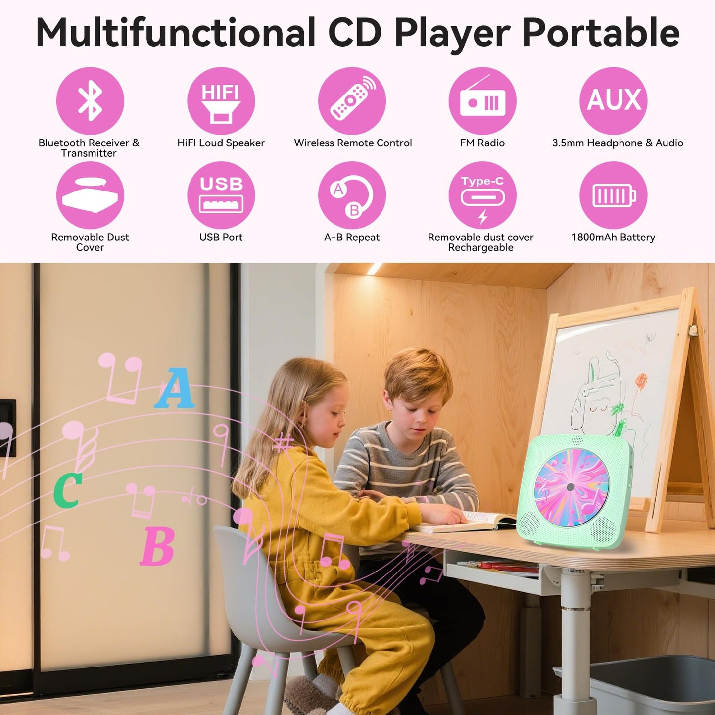 Cd Player Portable Bluetooth Rechargeable: Cd Players For Home With 1800Mah Kegaudio Desktop Wall Cd Player With Speakers With D