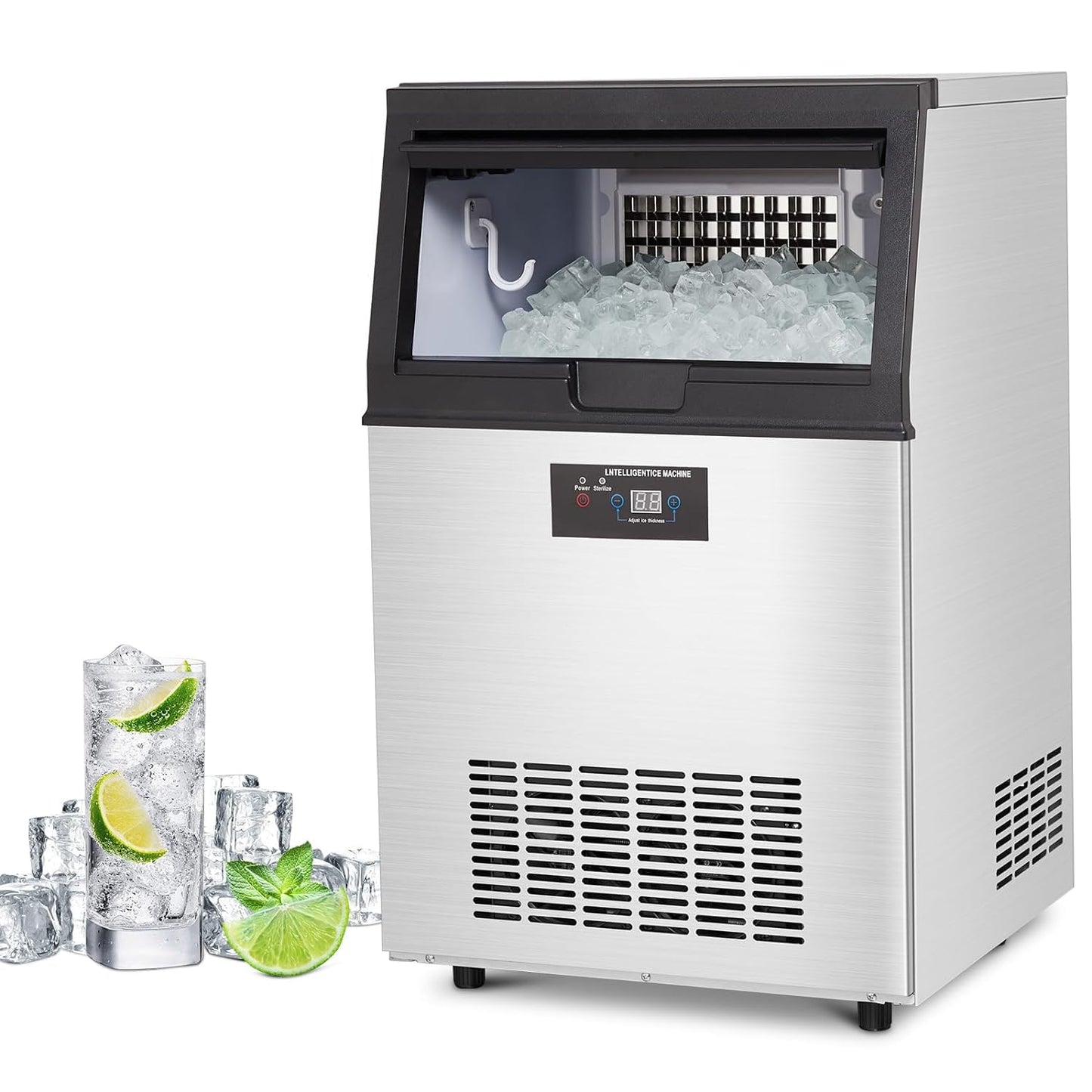Commercial Ice Maker 80lbs/24H Undercounter Ice Machine, 30 Lbs Storage Capacity, Stainless Steel, Low Noise, Automatic Overflow Prevention, Adjustable Ice Cube Thickness