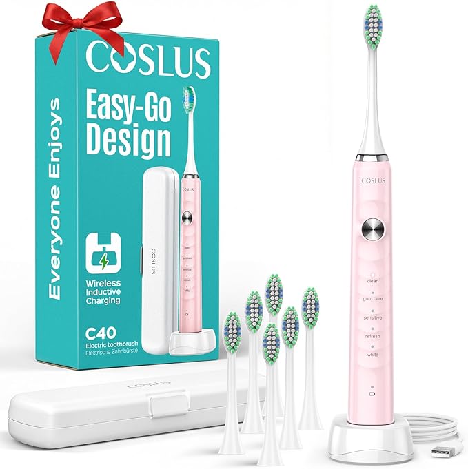 COSLUS Sonic Electric Toothbrush for Kids & Adults: 47000 VPM for Deep Cleaning & Whitening with Travel Case - 5 Modes for Sensitive Teeth & Braces, Wireless Charging, 6 Brush Heads, Pink (1PC)