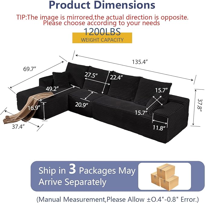 135.4" Cloud Sectional Couch with L-Shape Chaise, Modern Corduroy Boneless Couch for Living Room,Memory Foam Sofa with Deep Seat,No Assembly Required (Black,Left-Facing Chaise)