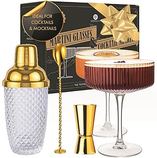 VEMACITY - Luxury Gold Cocktail Shaker Set - 15oz Glass Shaker with Strainer + 2 Gold-Rim Ribbed Martini Glasses (10oz) & ...