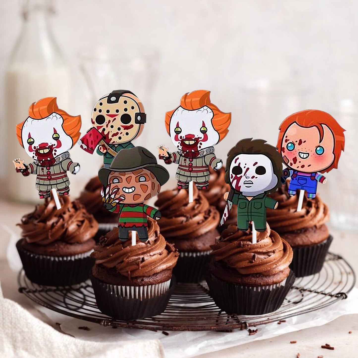 Pazwifa Cupcake Topper Halloween Fantasy Horror Movie Theme Supplies Decor Children Boys Girls Happy Birthday Anniversary Party Decorations Decor 18pcs Glitter