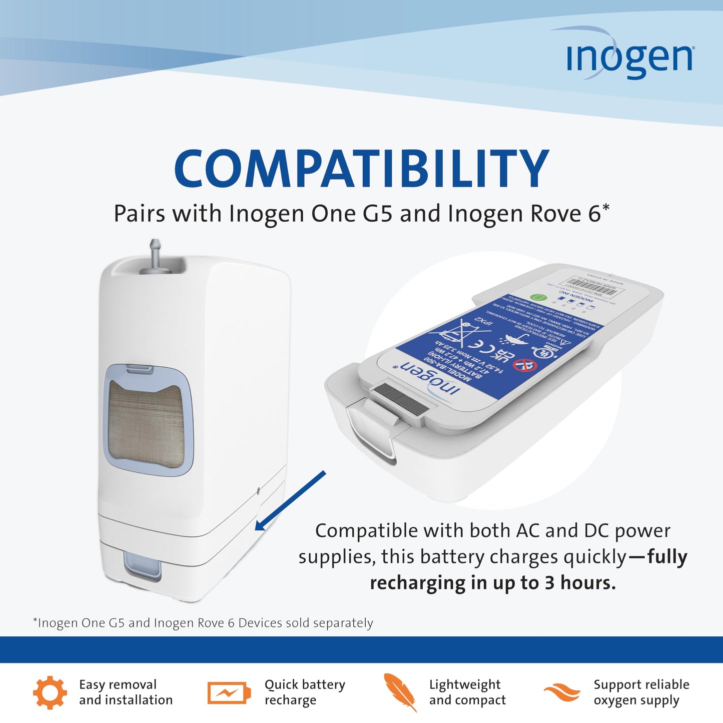 Inogen Standard (8-cell) Battery – Replacement Battery - for the Inogen One G5/Inogen Rove 6-1.19 lbs. and 7.19 x 3.26 x 1.04 in