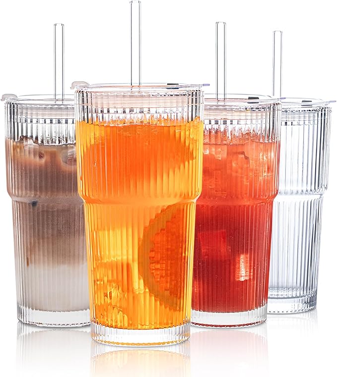 INSETLAN 20 oz Ribbed Glass Tumblers with Lids and Glass Straws – 4-Piece Glassware Set, Thickened Wall, Ideal for Iced Co...