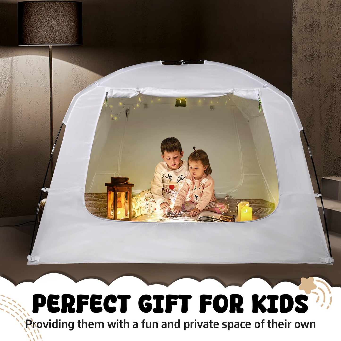 RIYDH Bed Tent Bed Canopy Full Size for Kid and Adults 100% Breathable Tents 4 Doors 80% Blackout - Indoor Portable Sleeping Tents Privacy Large Space with String Light