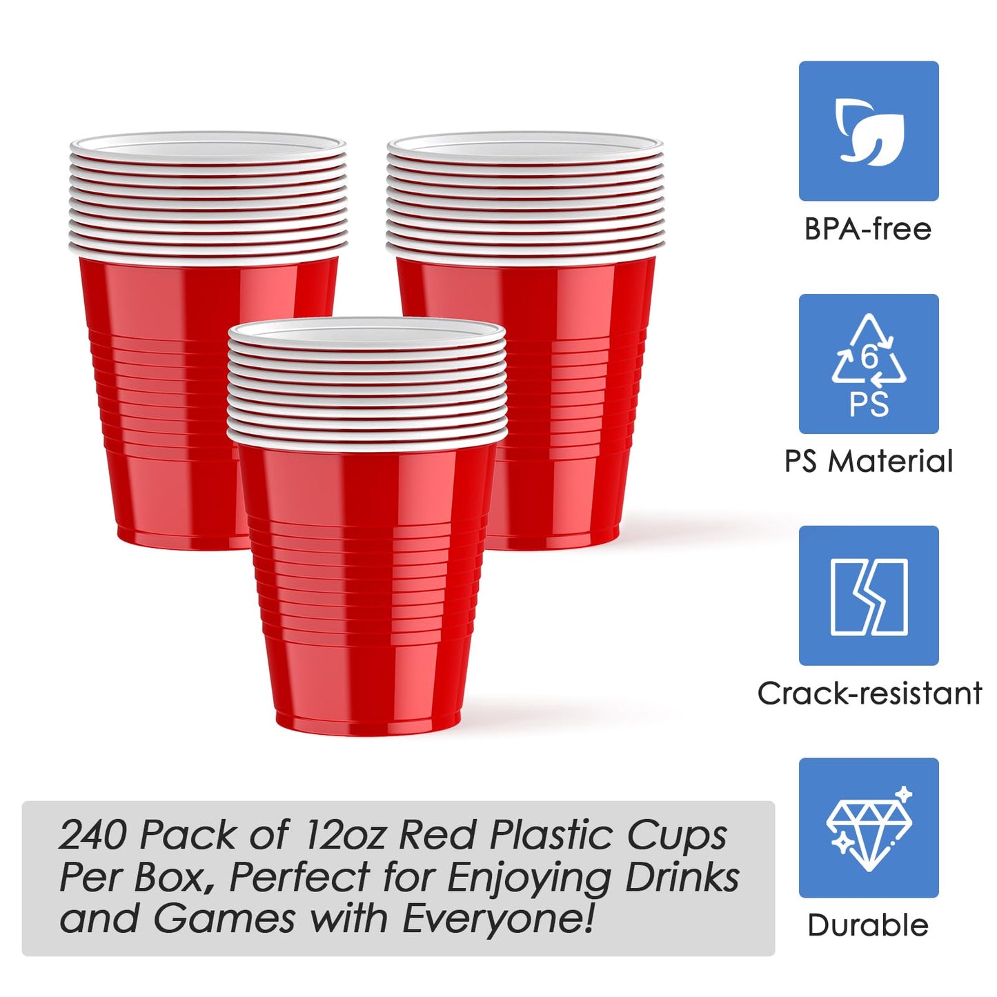 Lilymicky 240 Pack 12 oz Disposable Plastic Cups, Red Party Plastic Cups for Parties, Picnics and BBQ