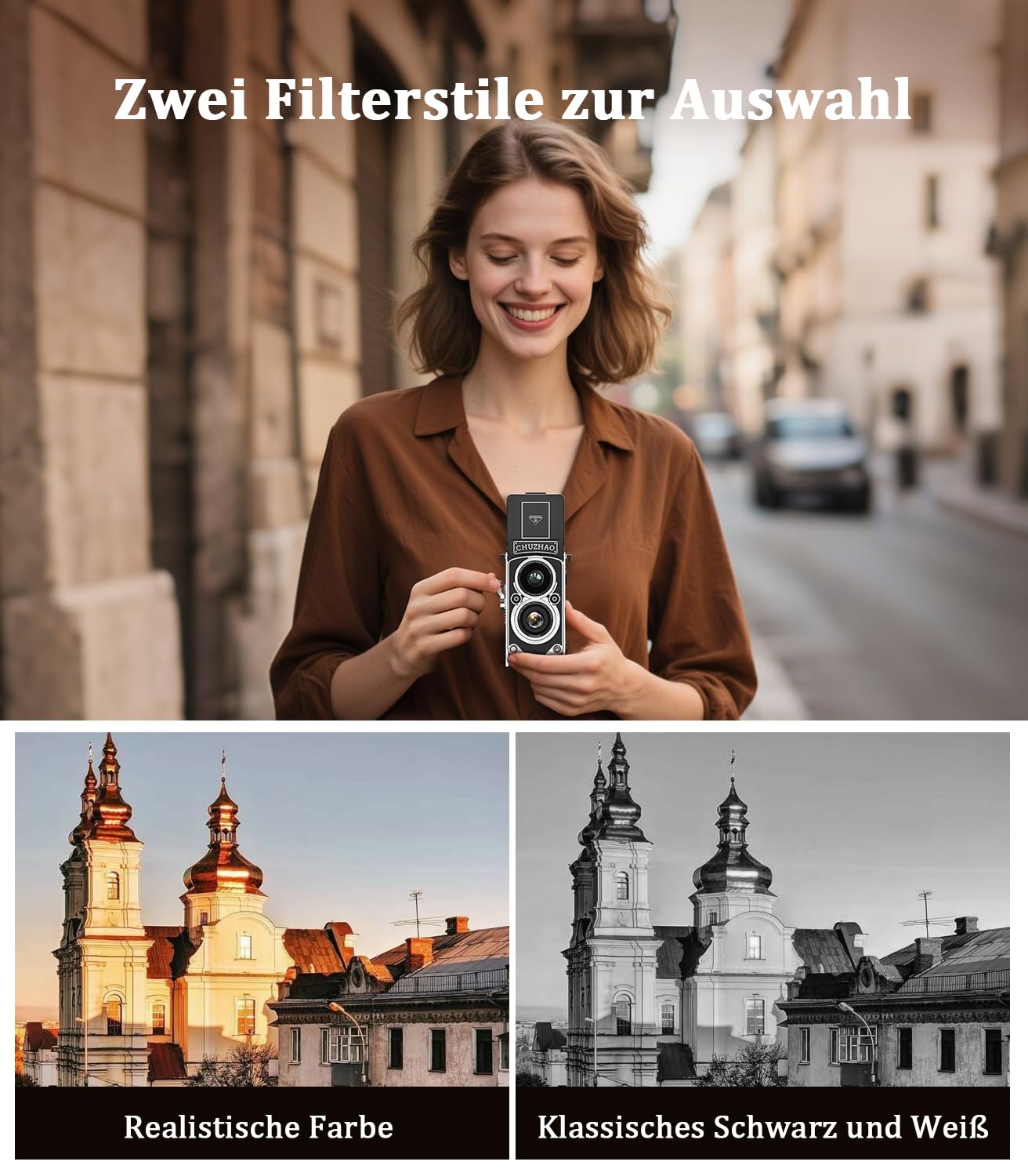 Chuzhao Digital Camera Retro, Portable Tlr Style Twin-Lens Vintage Camera, 12Mp Autofocus 1080P Fhd Point And Shoot Pocket Vlogg