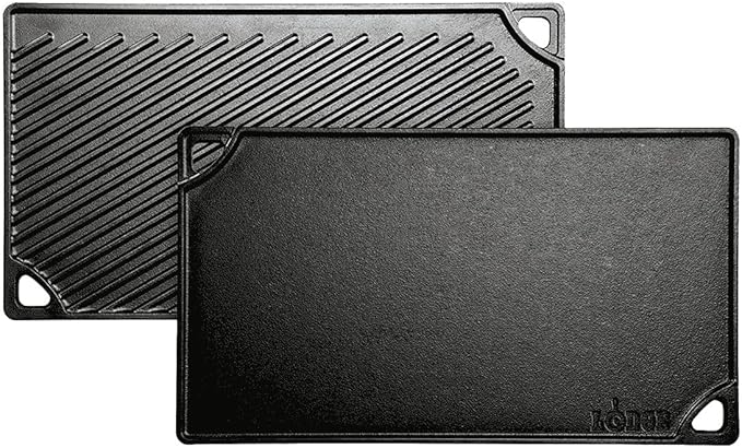 Lodge Reversible Cast Iron Grill/Griddle – 9.5 x 16.75 Inch Pre-Seasoned Cooking Surface – Flat & Ribbed Sides – Use on St...