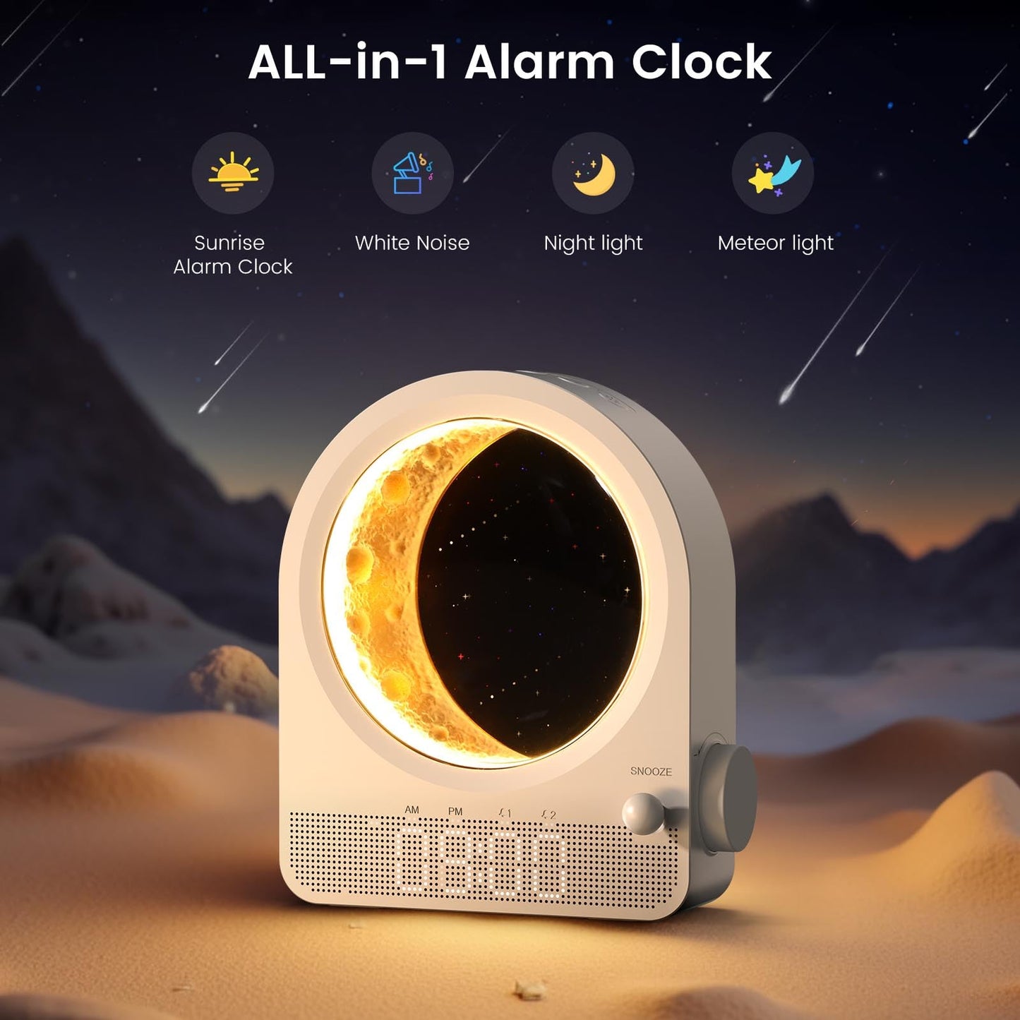Epochleno Sunrise Alarm Clock, White Noise Machine & Meteor Moonlight - 10 Soothing Sounds, Dual Alarms, 30/60/90min Timer, Easy Snooze - Bedroom Gift for Insomnia Adults/Women - White