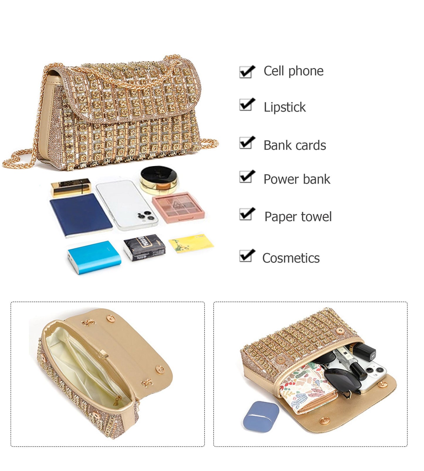 Sweetovo Rhinestones Clutch Purses for Women Chain Shoulder Bags Sparkly Evening Bags for Cocktail Prom Party Wedding (Gold)