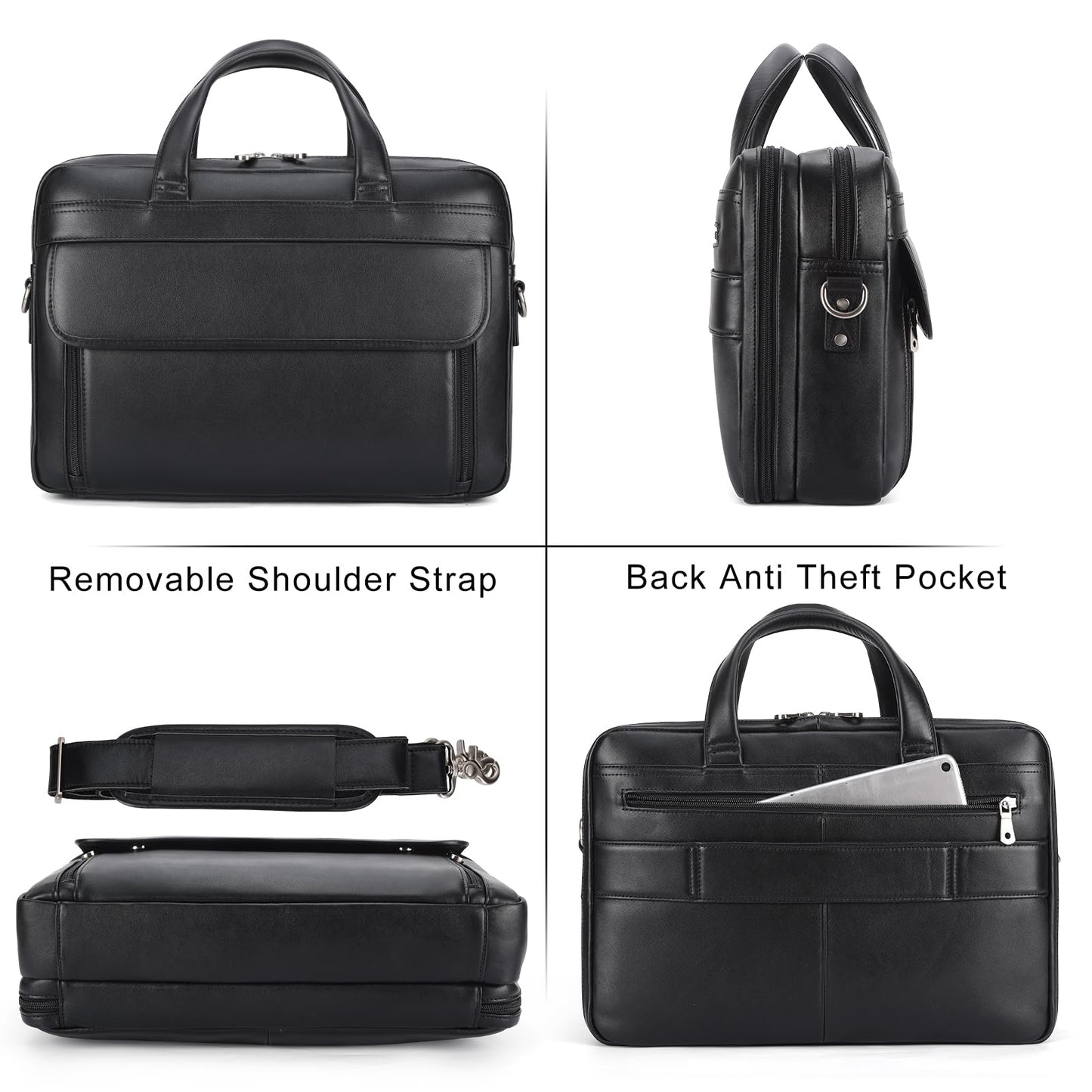 Masa Kawa Black Leather Briefcase for Men 15.6 Inch Laptop Computer Messenger Crossbody Shoulder Bag Business Travel Work Lawyer Teacher Brief Attache Case