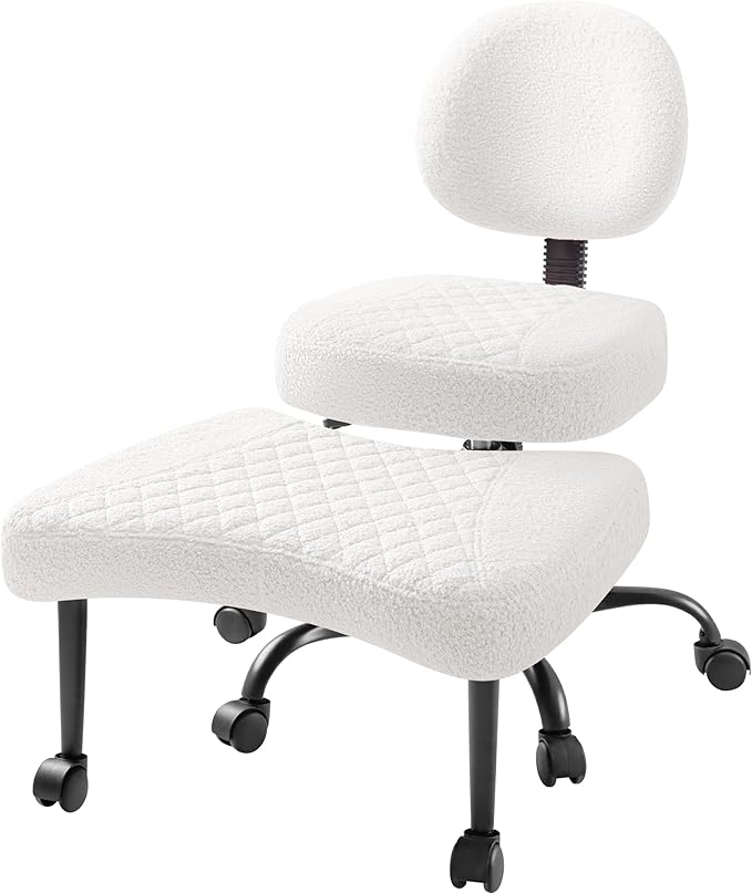 Furmax Ergonomic Criss Cross Legged Office Chair with Wheels, 360°Swivel Adjustable Height Kneeling Desk Chair with Footrest for ADHD, Yoga, Meditation, Home Office (Teddy Fabric, White)