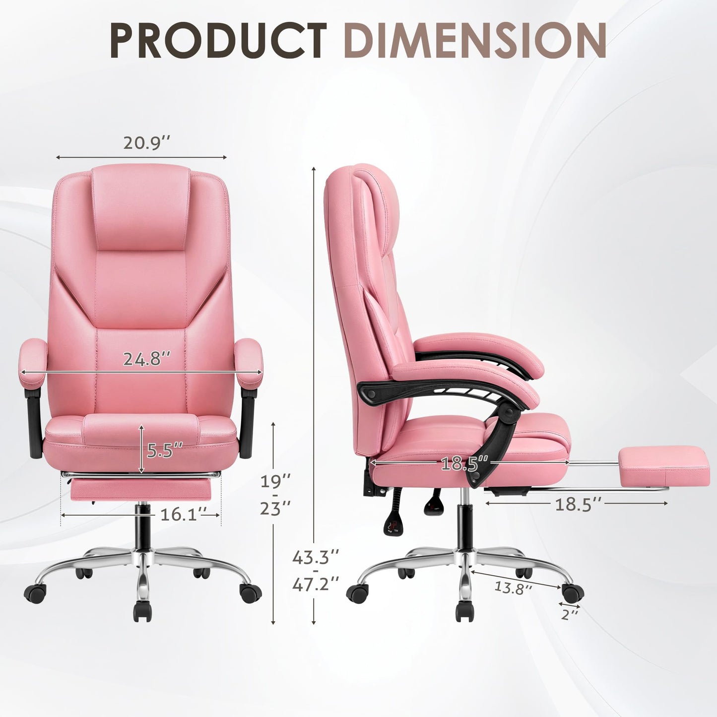 Shahoo Executive Office Chair with Massage, Ergonomic Reclining High Back Leather Seats with Footrest and Lumbar Support, Big and Tall, 400Lbs Heavy Duty, Pink