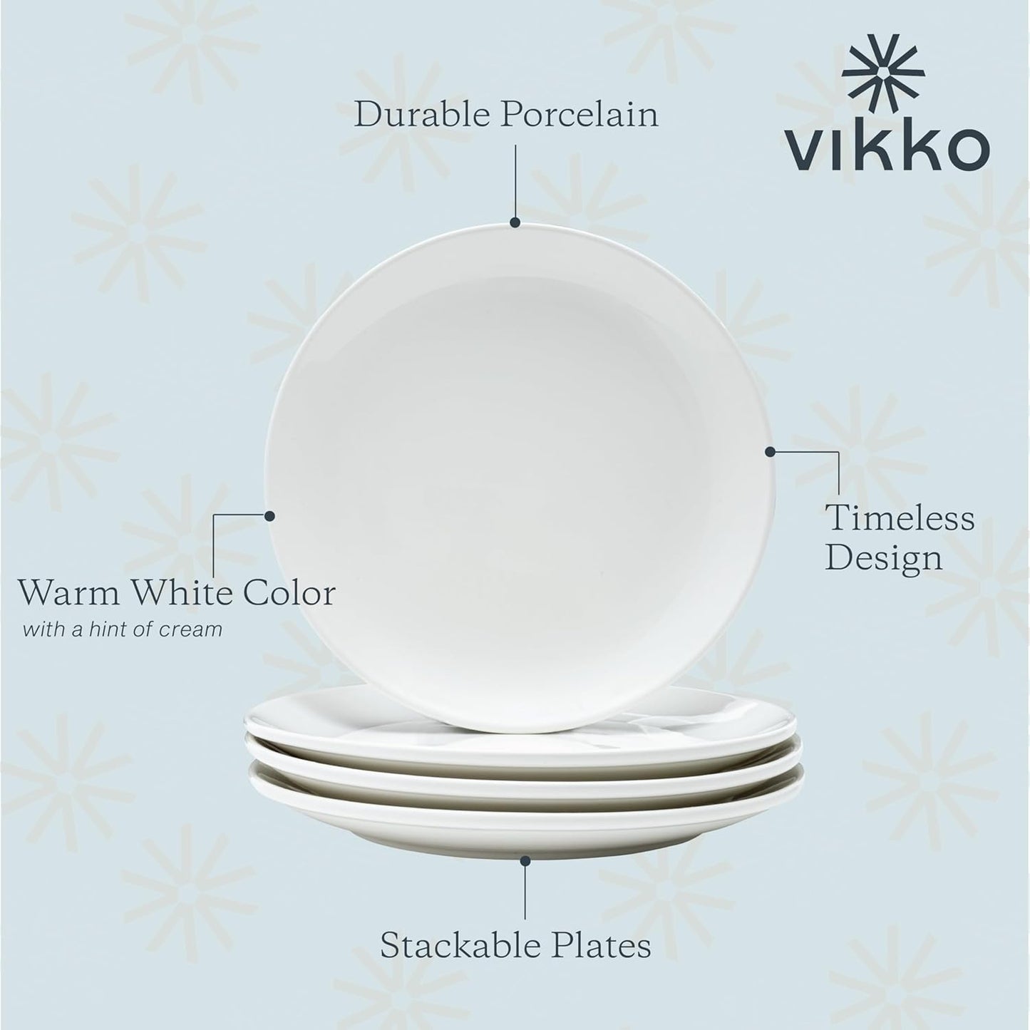 Vikko Dinner Plate, Set of 4 White Plates, Ceramic Dinner Plates Set, Stackable 9 Inch Dinner Plates for Every Day and Special Occasion, Restaurant Style, Dishwasher Safe, Microwave Safe