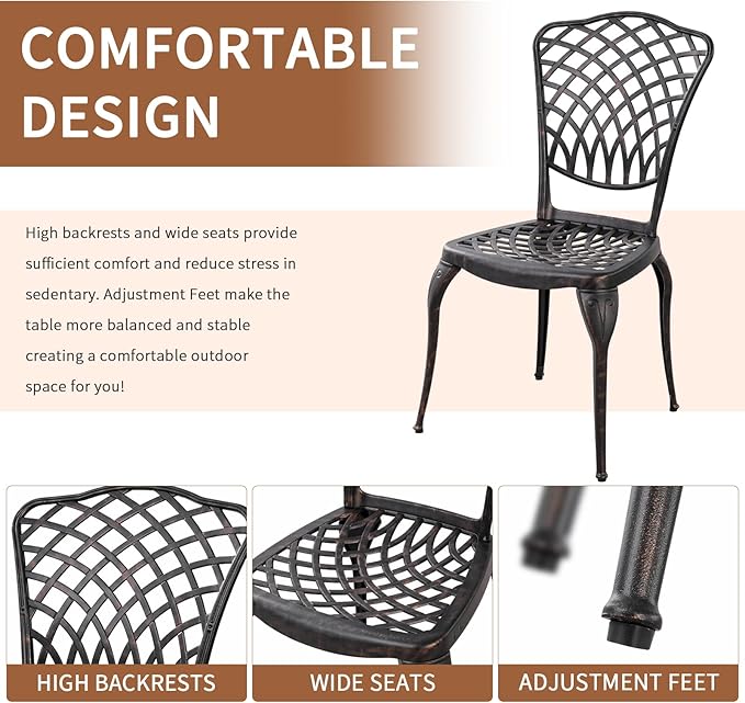 Withniture Bronze Patio Bistro Set - 3 Piece Outdoor Cast Aluminum Furniture, Large Table & Chairs, Weather Resistant, Adjustable Foot Pads, Umbrella Hole