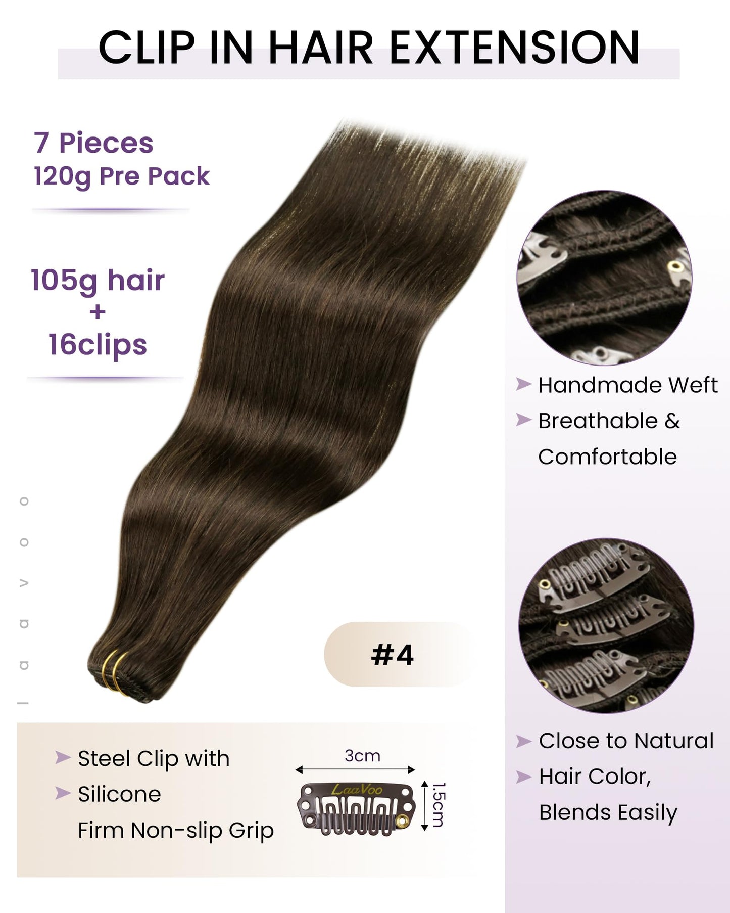 LaaVoo Human Hair Clip in Extensions Brown Hair Extensions Clip ins Natural Brown 18 Inch Clip in Hair Extensions Real Human Hai