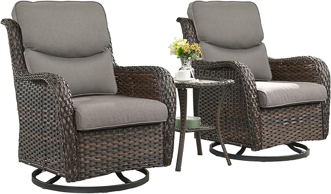 Rilyson Wicker Rocking Chair Swivel Chairs - 3 PC Rocker Patio Furniture Set Rattan Rocking Bistro Sets with Glass Top Side Table for Outdoor Porch Deck Garden Backyard (Brown/Grey/Smile)