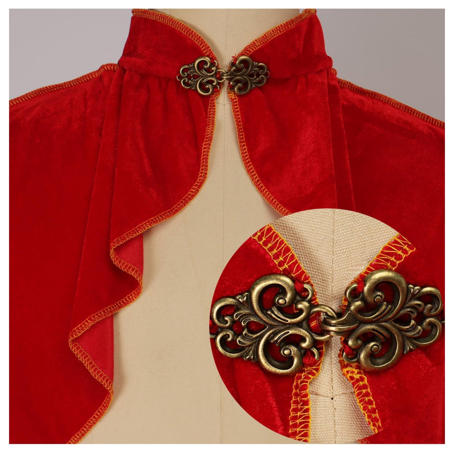 BALINGNIANDAI Women Medieval Cloak Gold Velvet Phnom Penh Shawl Elegant Suede-Lined Cape Red