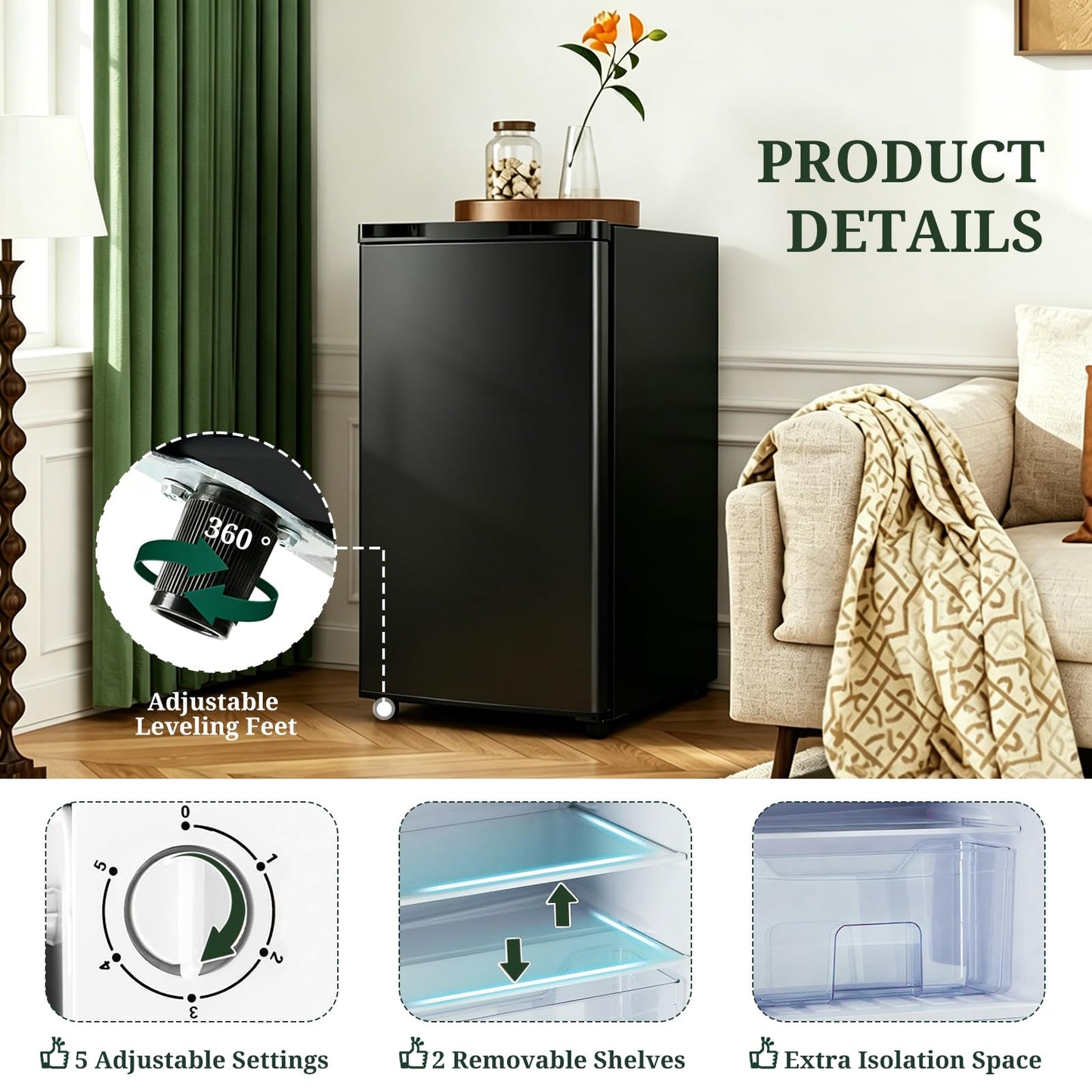Mini Fridge with Freezer, 3.2 Cu.Ft Compact Single Door Refrigerator with Adjustable Thermostat, Low Noise & Energy Efficient (0.41kWh/Day), Small Fridge for Bedroom, Dorm, Office, Apartment (Black)