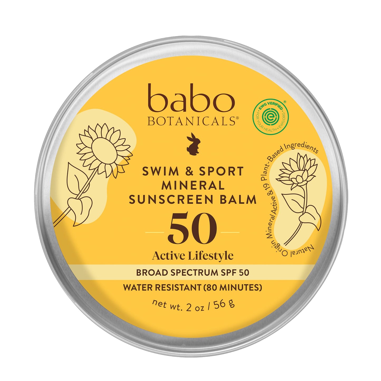 Babo Botanicals Swim & Sport Mineral Sunscreen Balm SPF50 - Natural Zinc Oxide - For Face & Body - For all Ages - Dermatologist