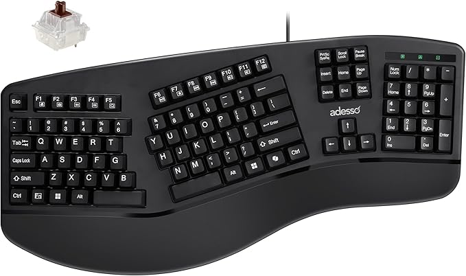ADESSO EasyTouch 150 Ergonomic Wired Mechanical Keyboard with Cherry MX Brown Switches, Integrated Palm Rest, Dedicated Co...