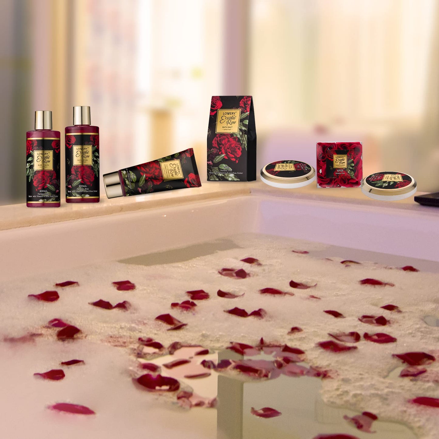 Anniversary Gifts for Women - Exotic Rose Gift Basket for Women, Spa Bath and Body Gift Set, Mom Gifts for Her, Birthday Gift with Body Scrub, Bubble Bath, Lotion & More